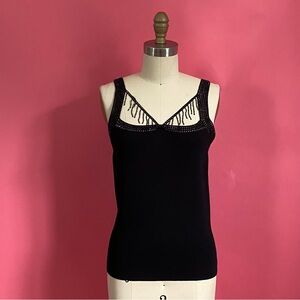 Vintage 90s/Y2k Goth Glam Witchy Unique Stretch Rib Knit Baby Tank Bead Fringe S